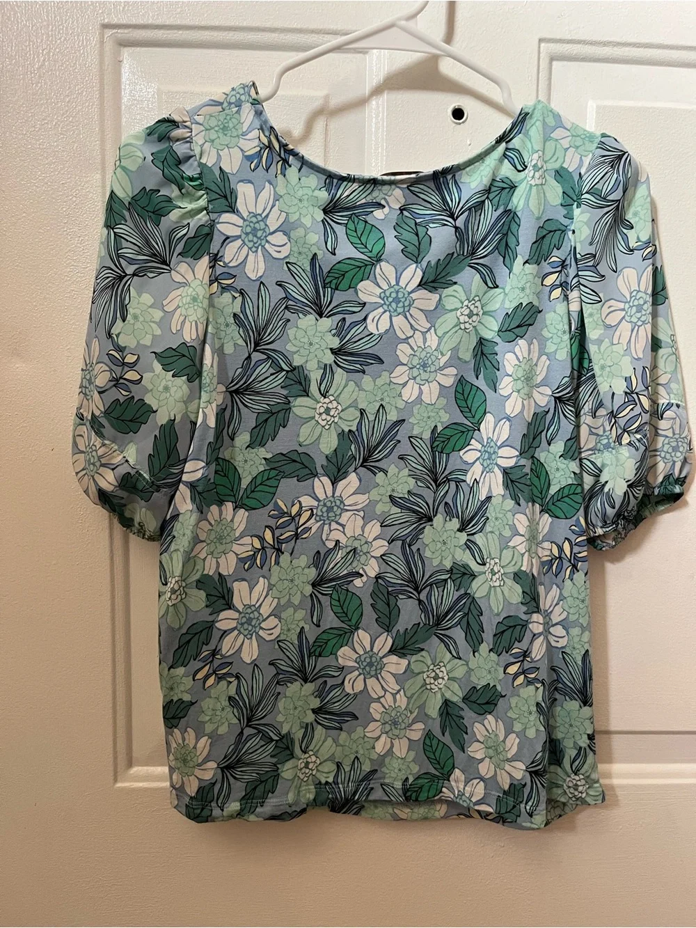 LOFT Light Blue Floral Puff-Sleeve Blouse